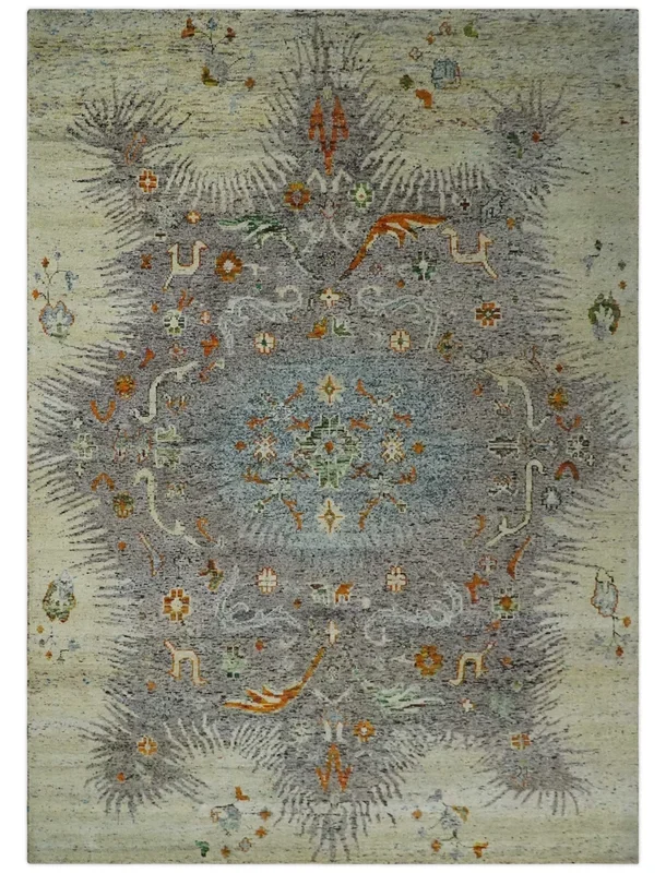 10×14 Hand Knotted Blue, Silver and Beige Antique Persian Style Contemporary Recycled Silk Area Rug | OP52