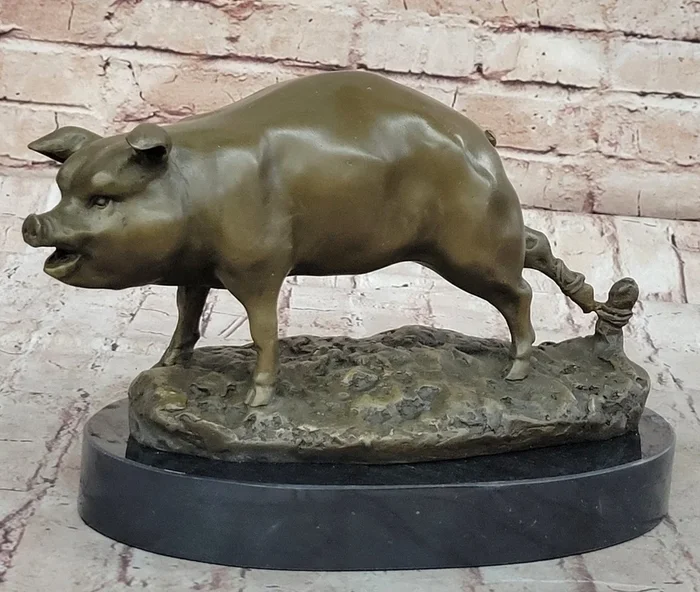 12″ Folk Chinese Bronze Fengshui Zodiac Year Boar Pig Animal Statue Sculpture