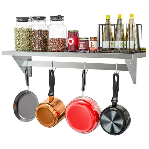 12″ x 48″ 18-Gauge Stainless-Steel Heavy Duty Wall Shelf with Pot Rack, WMPS-1248 .