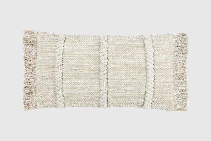 14″X26″ Beige Natural Cotton Rope Detail Fringe Lumbar Throw Pillow | Indoor | Rectangle