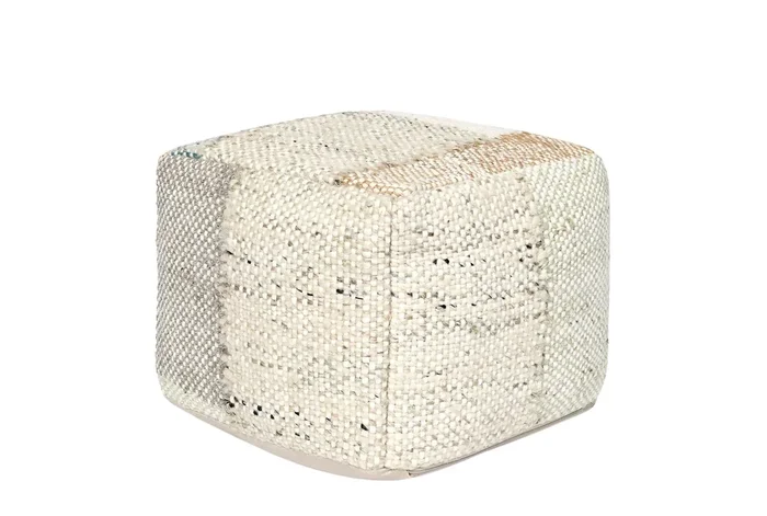 18″X18″X14″ Beige Ivory Multicolor + Multi Hand Woven Wool Jute Blend Pouf | Square