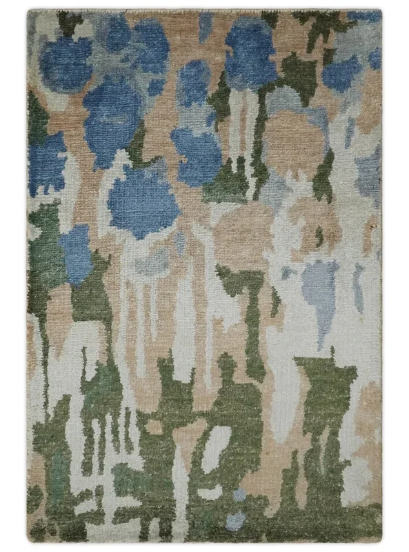 2×3 Modern Abstract Green, Peach, Silver and Blue Rug made with Art Silk| N3723