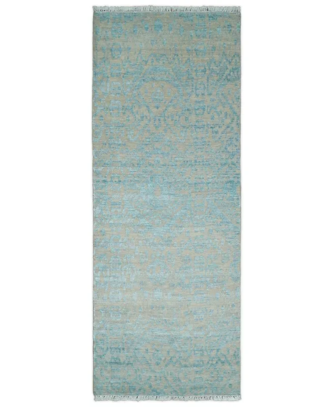 2.6×8 Fine Hand Knotted Camel and Blue Traditional Vintage Persian Style Antique Wool and Silk Rug | AGR26