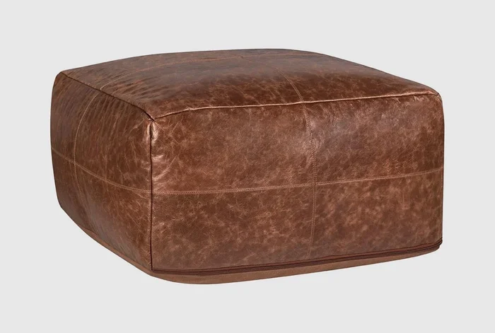 24″X24″X12″ Natural Brown Pieced Leather Pouf | Square
