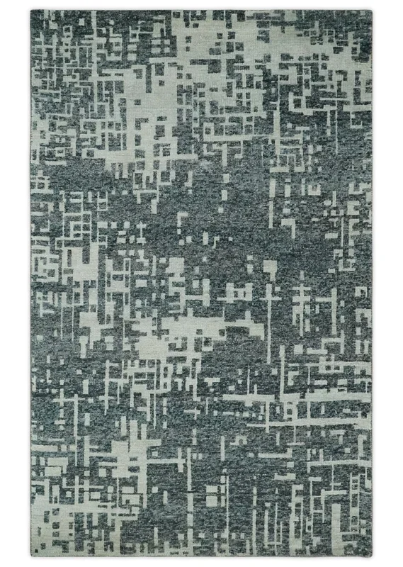 5×8 Hand Knotted Gray, Charcoal and Ivory Modern Abstract Contemporary Recycled art silk Area Rug