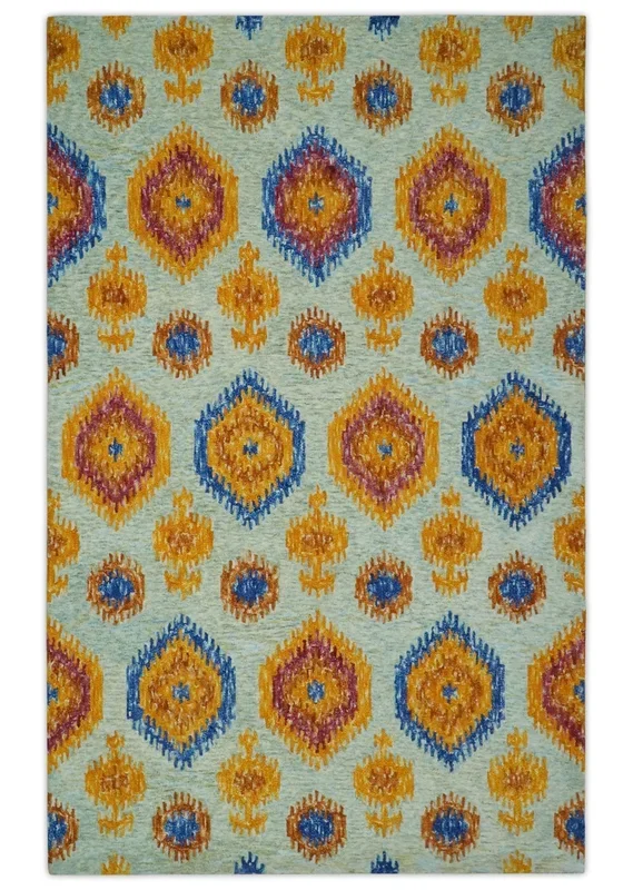 5×8 Ivory, Gold and Blue Traditional Ikat design Hand Tufted Wool Area Rug