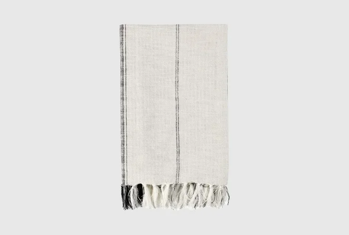 50X70 Ivory + Gray Cotton Woven Stripe Oversized Fringed Throw
