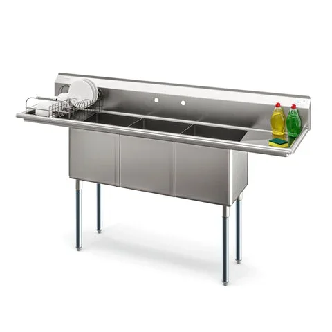 75 in Three Compartment Commercial Sink, Bowl Size 15x15x14, 16 Gauge Stainless-Steel with 2 Drainboards (KM-SC151514-15B316)