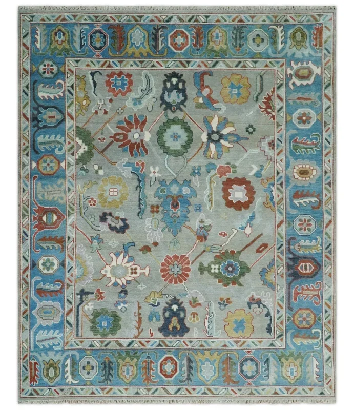 8×10 Antique Hand Knotted Gray and Blue Traditional Vintage Persian Oushak Wool Rug | TRDCP1002810