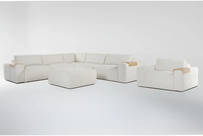 Amallo Ivory White Fabric 5 Piece Modular L-Shaped Sectional Ottoman & Chair Set