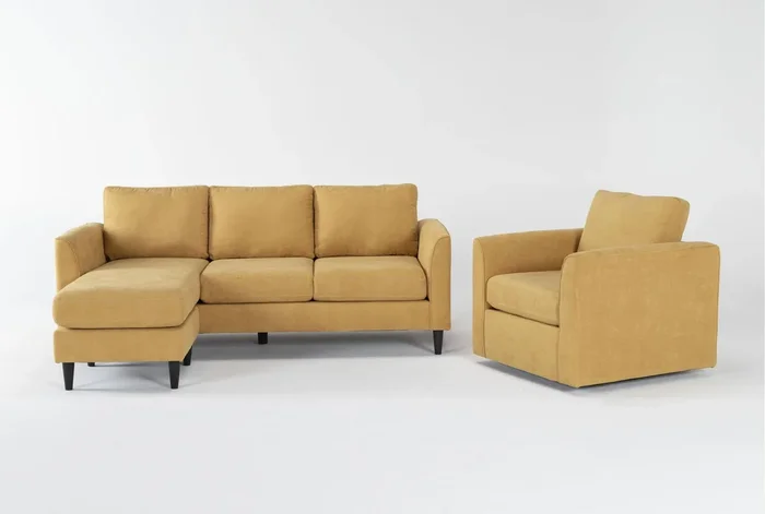 Ami Sun Yellow Fabric 2 Piece Sofa with Reversible Chaise & Swivel Armchair Set