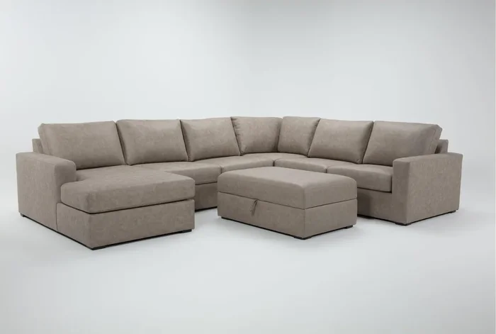 Araceli II Taupe Beige Brown Vegan Faux Leather 4 Piece Sectional With Left Arm Facing Chaise & Ottoman | Fabric
