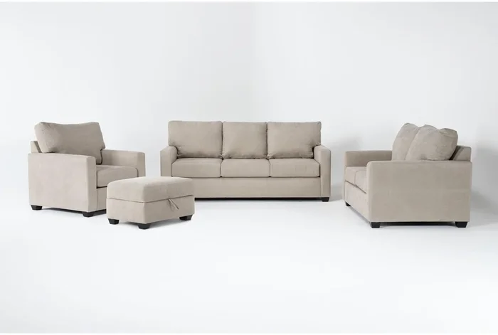 Aramis Cream Beige Fabric 4 Piece Sofa Loveseat Armchair & Storage Ottoman Set | Modular | Loose Reversible Back