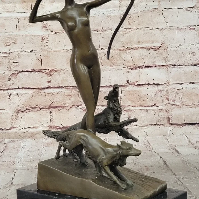 Artemis Diana The Huntress w/ Dogs Nude Figure Bronze Sculpture Statue by J. Lorenzl