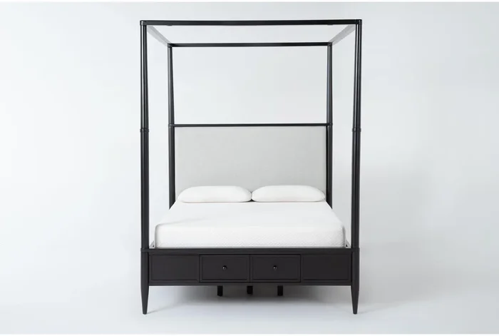 Austen Black California King Wood & Upholstered Platform Canopy Bed With Side & Footboard Storage | Poster | Drawers