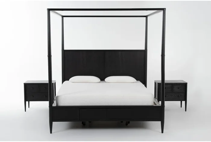 Austen Black California King Wood Platform Canopy 3 Piece Bedroom Set With 2 3-Drawer Nightstands