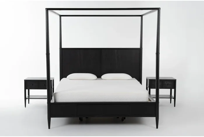 Austen Black King Side Storage Wood Platform Canopy 3 Piece Bedroom Set With 2 1-Drawer Nightstands | Side Storage | Storage
