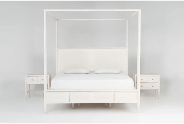 Austen White California King Wood Platform Canopy 3 Piece Bedroom Set With 1-Drawer & 3-Drawer Nightstands
