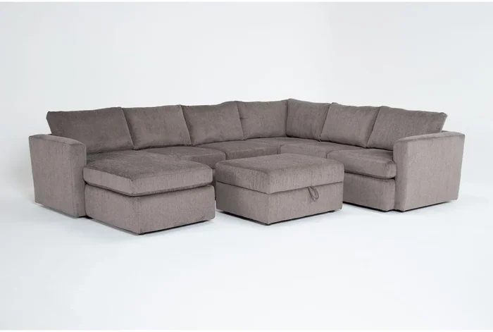 Basil Grey Brown Fabric Modular 125″ 4 Piece U-Shaped Sectional with Left Arm Facing Chaise & Ottoman