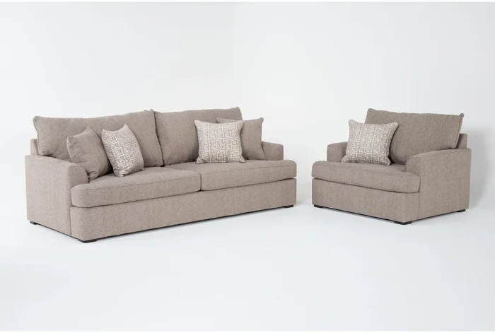 Belinha II Taupe Beige Fabric 2 Piece Queen Memory Foam Sleeper Sofa Bed & Armchair Set | Loose Reversible Back