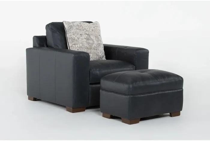 Big Sur Blue Leather Oversized Armchair & Ottoman Set