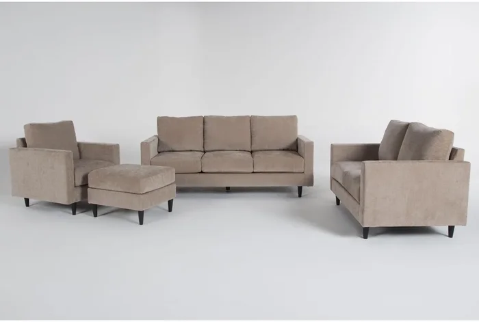 Bradley Khaki Beige Fabric Modern 4 Piece Sofa Loveseat Armchair & Ottoman Set