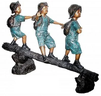 Bronze Boys on Tree Log Statue