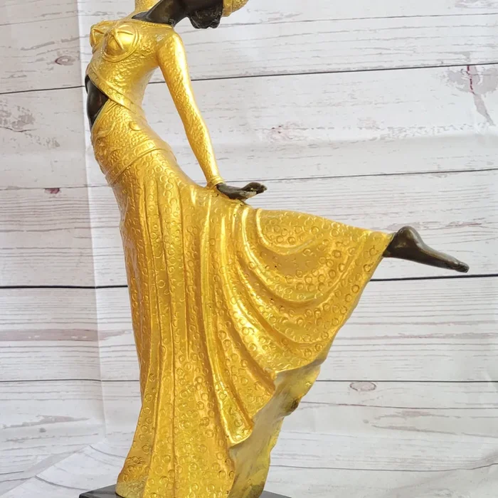 Chiparus Arabesque Dancer Gold Patina Bronze Sculpture Statue Art Deco Figure on Marble Base