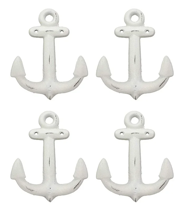 Ebros Gift 5.75″ Tall Cast Iron Rustic Vintage Sailor White Nautical Ocean Sea Ship Anchor 2 Pegs Wall Hook Coastal Harbor Ships Anchors Decorative Accent Hooks for Keys Leashes Hats Coats (4)