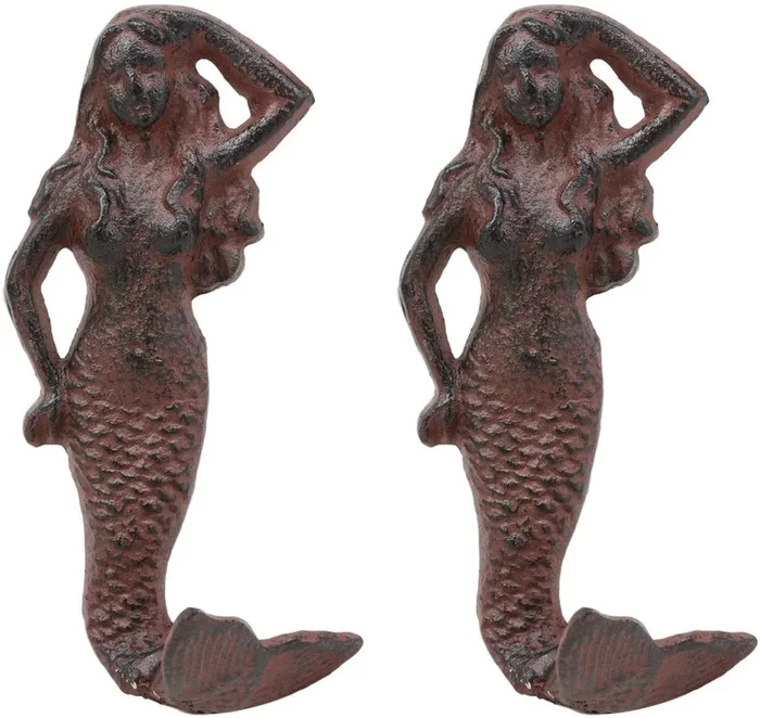 Ebros Gift 6″ Tall Cast Iron Rustic Vintage Finish Wall Coat Hook Mermaids Decorative Accent Hooks for Keys Leashes Hats (2)