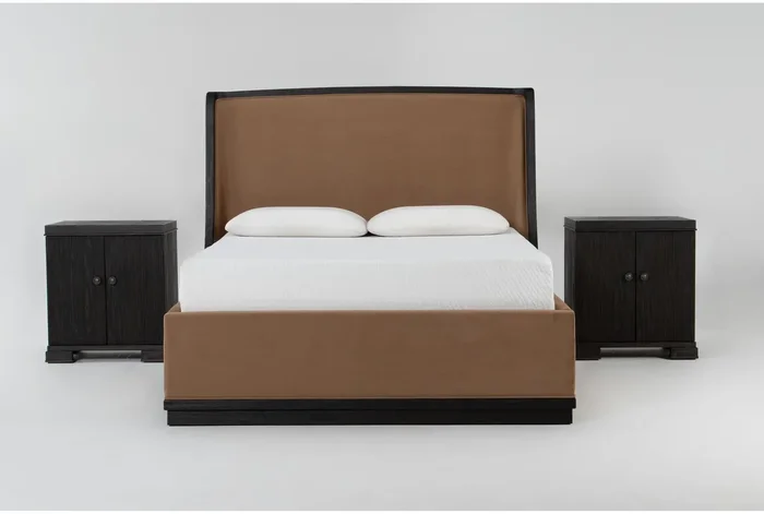 Estate Black Queen Upholstered Shelter 3 Piece Bedroom Set With 2 2-Door Nightstands By Nate Berkus + Jeremiah Brent