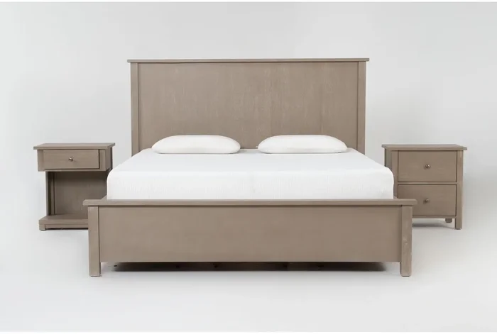Felipe Driftwood King Wood Storage 3 Piece Bedroom Set With 1-Drawer C Table & 2-Drawer Nightstand with Storage | Panel