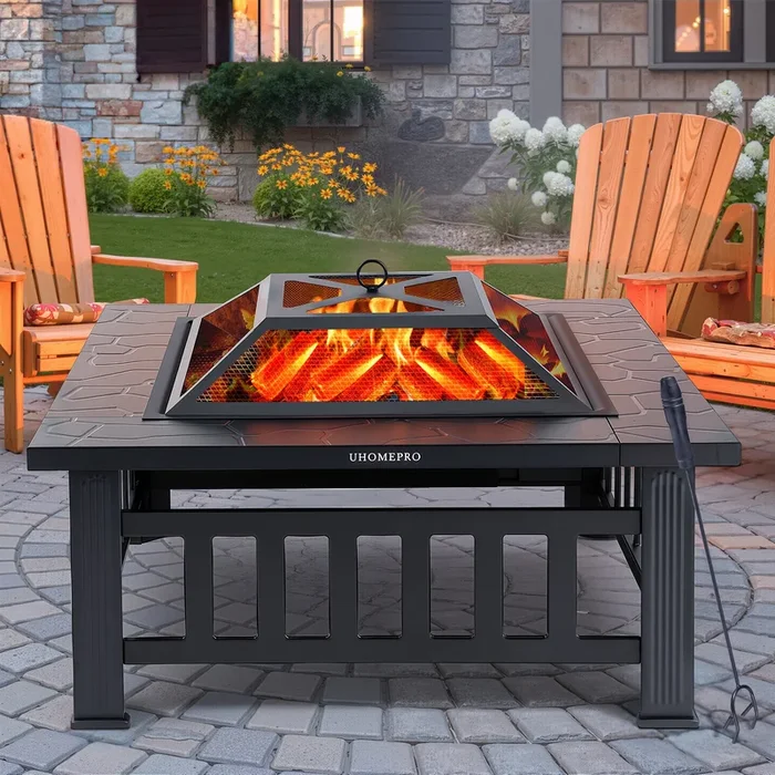 Fire Pits for Outside, 32″ Wood Burning Fire Pit Tables with Screen Lid, Poker, BBQ Net, Ice Tray, Food Clip and Cover, Backyard Patio Garden Outdoor Fire Pit/Ice Pit/BBQ Fire Pit, Black