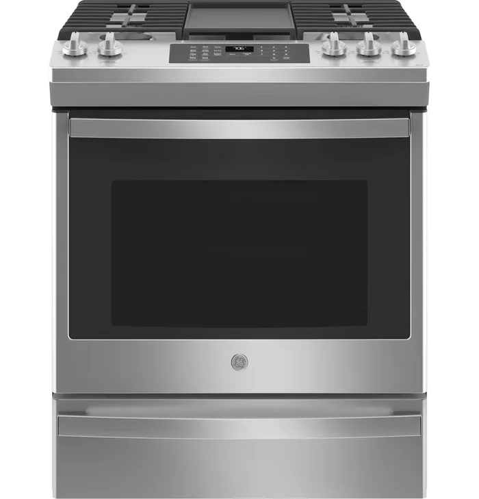 GE(R) 30″ Slide-In Front-Control Convection Gas Range with No Preheat Air Fry – (JGS760SPSS)
