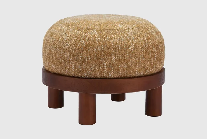Gome Oat Yellow Textured Fabric Wood Patterned Round Ottoman
