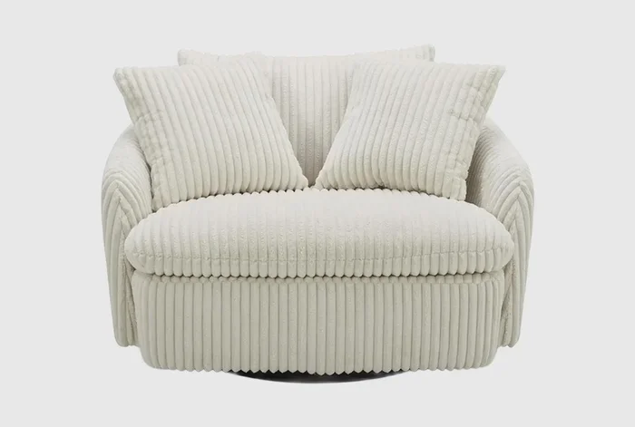 Grande Ivory White Fabric Curved Swivel Cuddler Chair with 2 Toss Pillows | Sets | Solid | High Performance Fabric