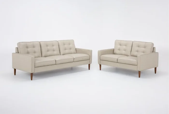 Grayson Natural Taupe/Beige Leather 2 Piece Tufted Sofa & Loveseat Set
