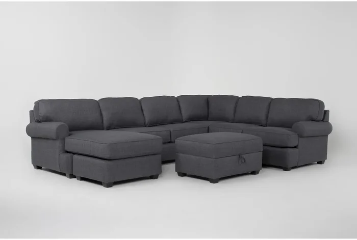 Hampstead II Blue 140″ 2 Piece Sectional With Left Arm Facing Sofa Chaise & Ottoman | Loose Reversible Back