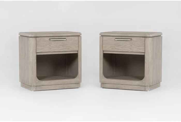 Harland Grey Wood 1-Drawer Nightstand Set Of 2 | Pine | Curved | USB