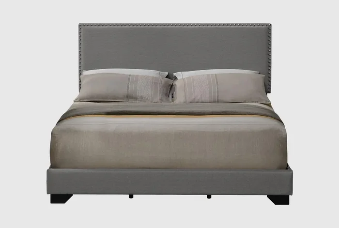 Illiana Grey Wood Queen Upholstered Panel Bed | Nailhead