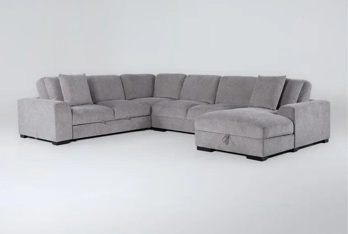 Kaden Grey Fabric 147″ 4 Piece U-Shaped Convertible Futon Sleeper Sectional With Right Arm Facing Storage Chaise with Storage