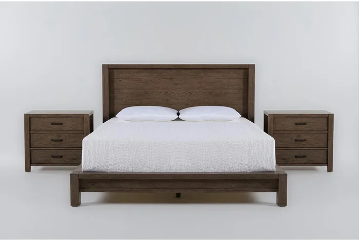 Kai King Wood Platform 3 Piece Bedroom Set With 2 3-Drawer Nightstands