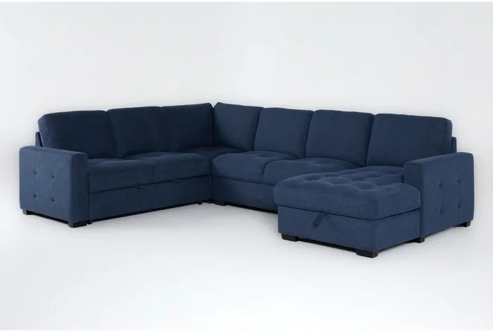 Keaton Blue Tufted Fabric 130″ 4 Piece U-Shaped Convertible Futon Sleeper Sectional With Right Arm Facing Storage Chaise
