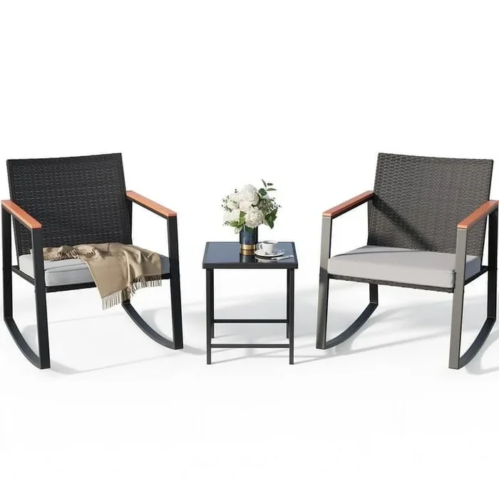 Lofka Patio Rocking Chairs Set with Glass Coffee Table, 3-Piece Outdoor Furniture Set for Balcony, PE Rattan, Gray