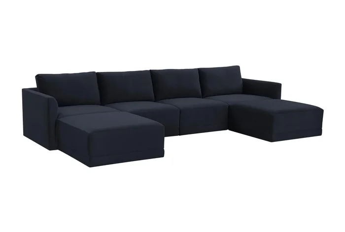 Lyric Navy Blue Velvet Fabric 135″ 6 Piece Double Chaise Modular U-Shaped Sectional | Symmetrical | Track Arms