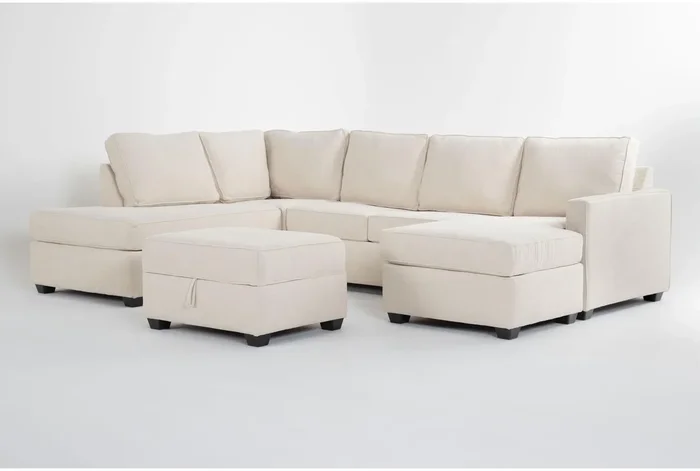Mathers Cream Beige White Fabric 125″ 2 Piece L-Shaped Sectional With Right Arm Facing Queen Memory Foam Sleeper Sofa Bed Chaise + Left Arm Facing Corner Chaise & Ottoman