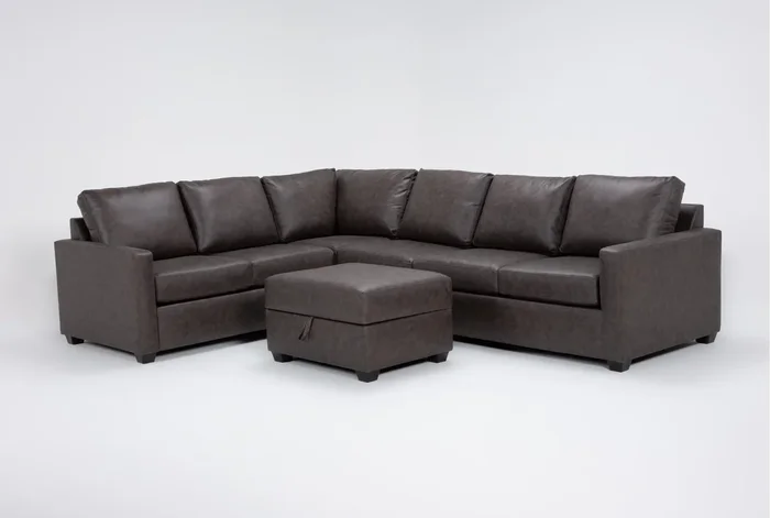 Mathers Grey Brown Vegan Faux Leather 2 Piece Sectional With Right Arm Facing Queen Sleeper Sofa & Ottoman | Fabric