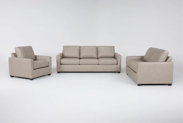 Mathers Mocha Beige Brown Vegan Faux Leather 3 Piece Queen Sleeper Sofa Loveseat & Chair Set
