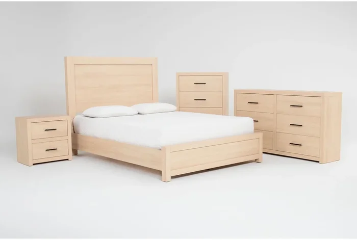 Merida II Natural King Wood Panel 4 Piece Bedroom Set With Dresser Chest & 2-Drawer Nightstand