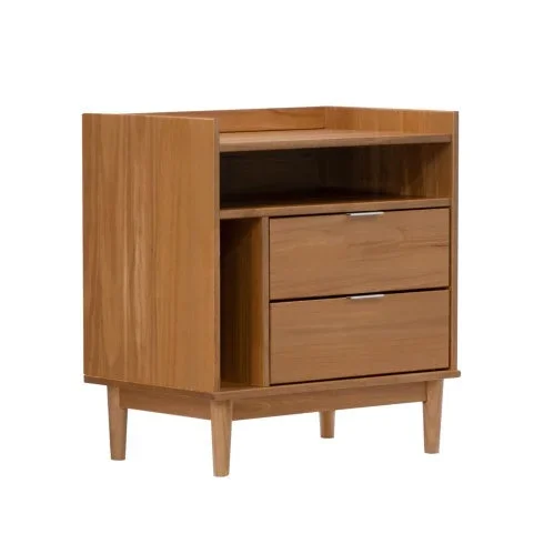 Mid-Century Modern Solid Wood 2-Drawer Gallery Nightstand – Caramel